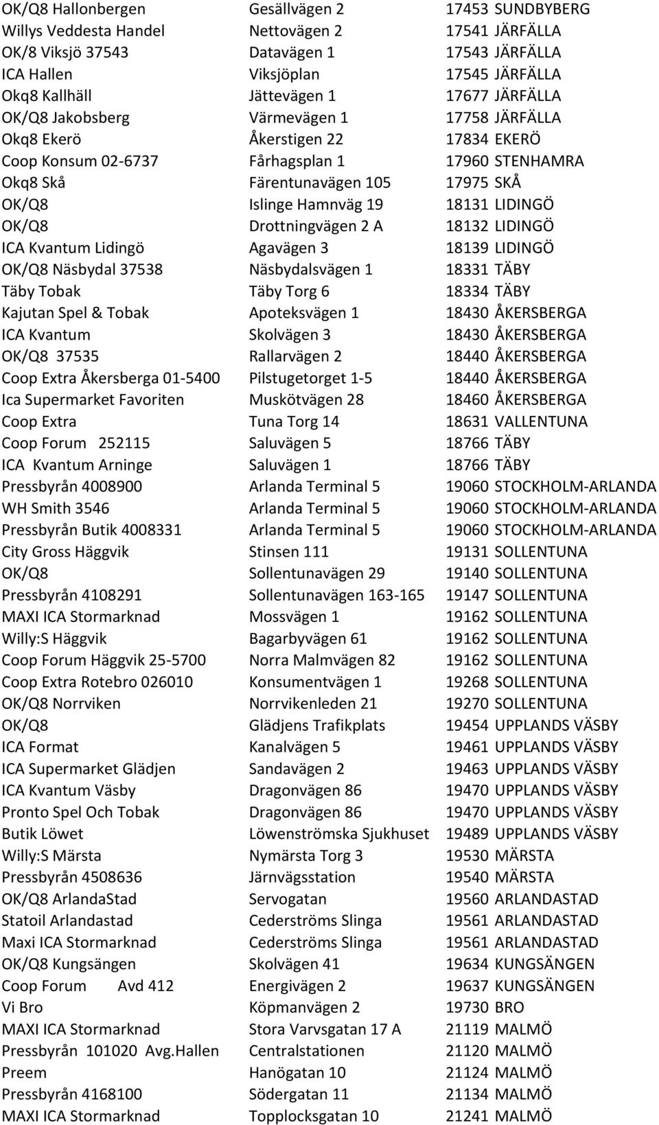 OK/Q8 Islinge Hamnväg 19 18131 LIDINGÖ OK/Q8 Drottningvägen 2 A 18132 LIDINGÖ ICA Kvantum Lidingö Agavägen 3 18139 LIDINGÖ OK/Q8 Näsbydal 37538 Näsbydalsvägen 1 18331 TÄBY Täby Tobak Täby Torg 6