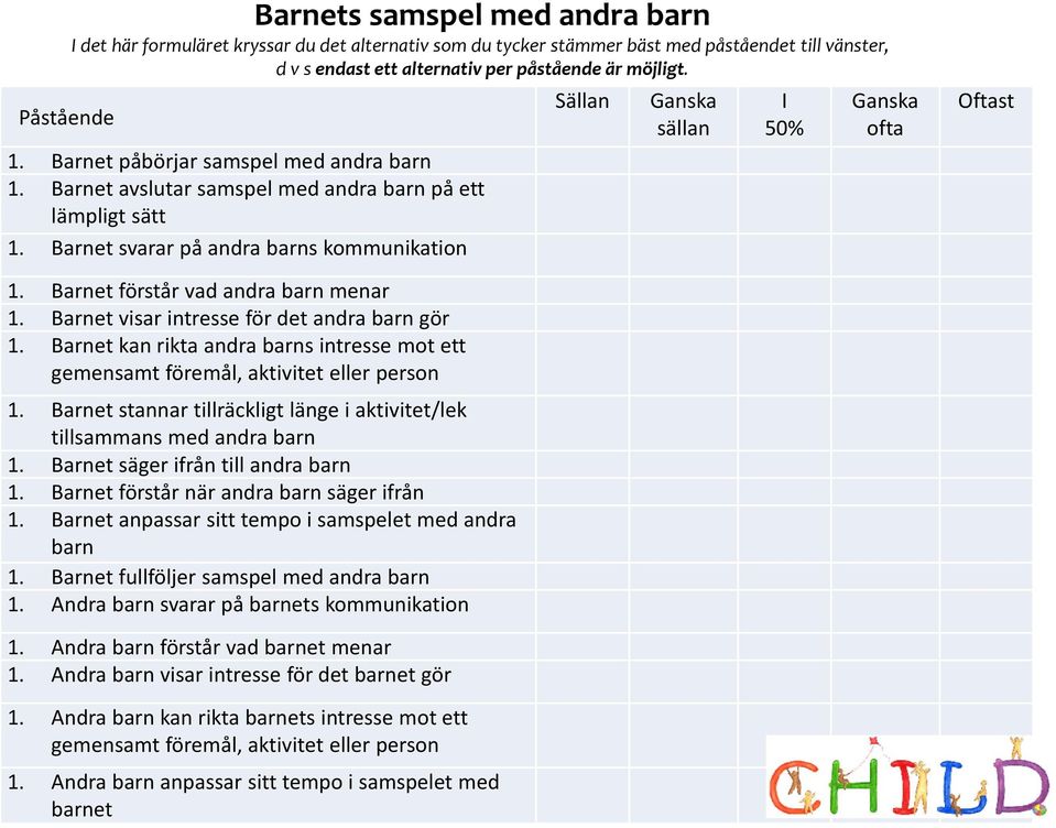 Barnet förstår vad andra barn menar 1. Barnet visar intresse för det andra barn gör 1. Barnet kan rikta andra barns intresse mot ett gemensamt föremål, aktivitet eller person 1.