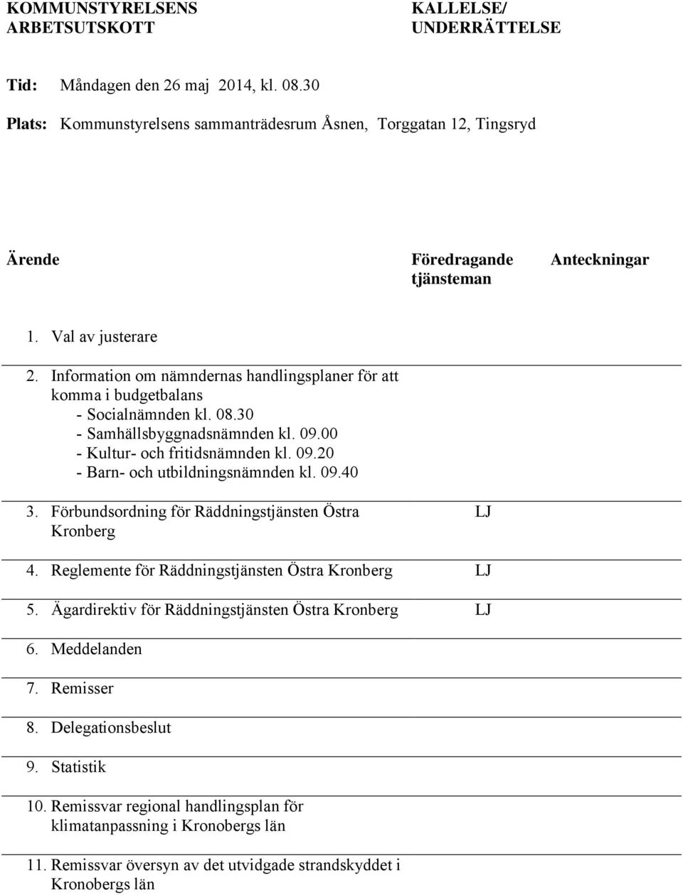 Information om nämndernas handlingsplaner för att komma i budgetbalans - Socialnämnden kl. 08.30 - Samhällsbyggnadsnämnden kl. 09.00 - Kultur- och fritidsnämnden kl. 09.20 - Barn- och utbildningsnämnden kl.