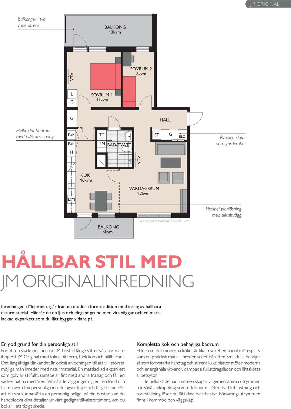 tillvalsvägg HÅLLBAR STIL MED JM ORIGINALINREDNING GATA Inredningen i Mejeriet utgår från en modern formtradition med inslag av hållbara naturmaterial.