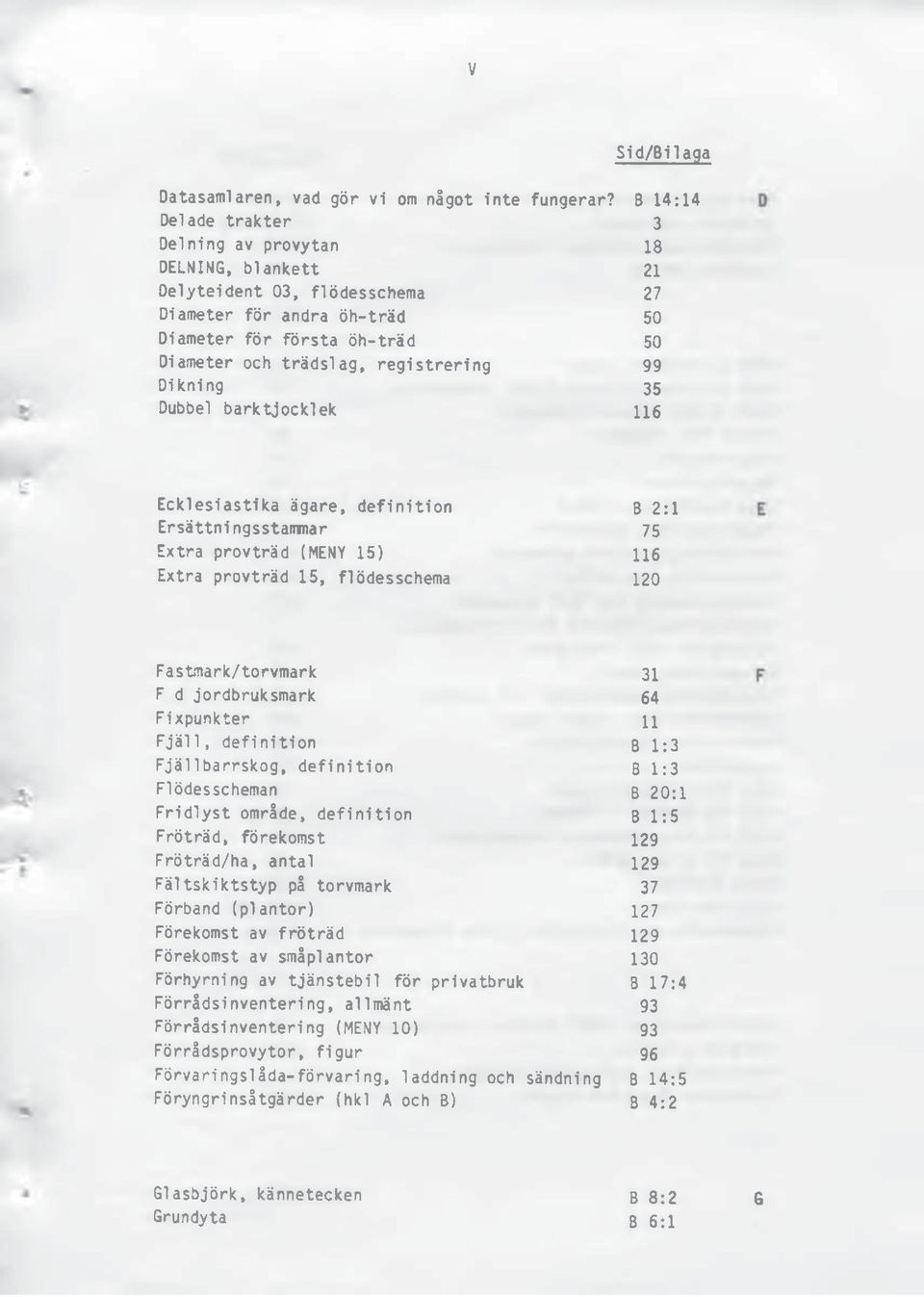 99 Dikning 35 Dubbel barktjocklek 116 Ecklesiastika ägare, definition B 2:1 Ersättningsstammar 75 Extra provträd (MENY 15) 116 Extra provträd 15, flödesschema 120 Fastmark/torvmark 31 F d