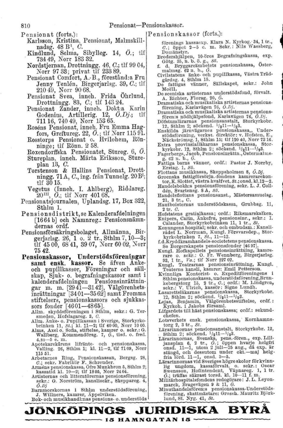 Frida Öhrlund, Drottningg. 83, C.; tlf 14324. Pensionat Zander, inneh, Dokt-a Karin Godenius, Artillerig. 12, O.Dj.; tlf 71116, 74049, Norr 15365. Rosens Pensionat, inneh, Fru Emma Hagfors, Greftureg.