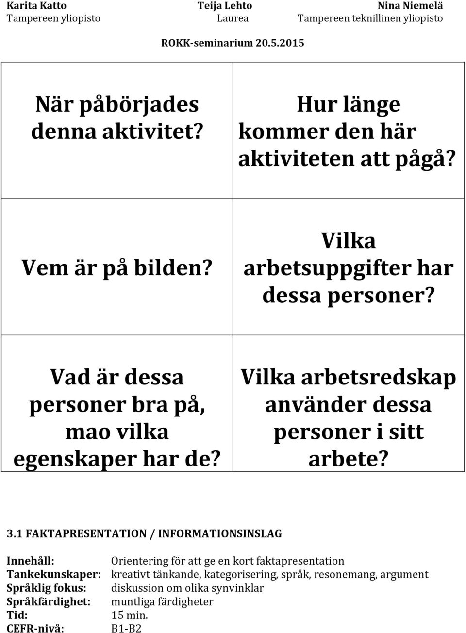 1 FAKTAPRESENTATION / INFORMATIONSINSLAG Innehåll: Orientering för att ge en kort faktapresentation Tankekunskaper: kreativt tänkande,