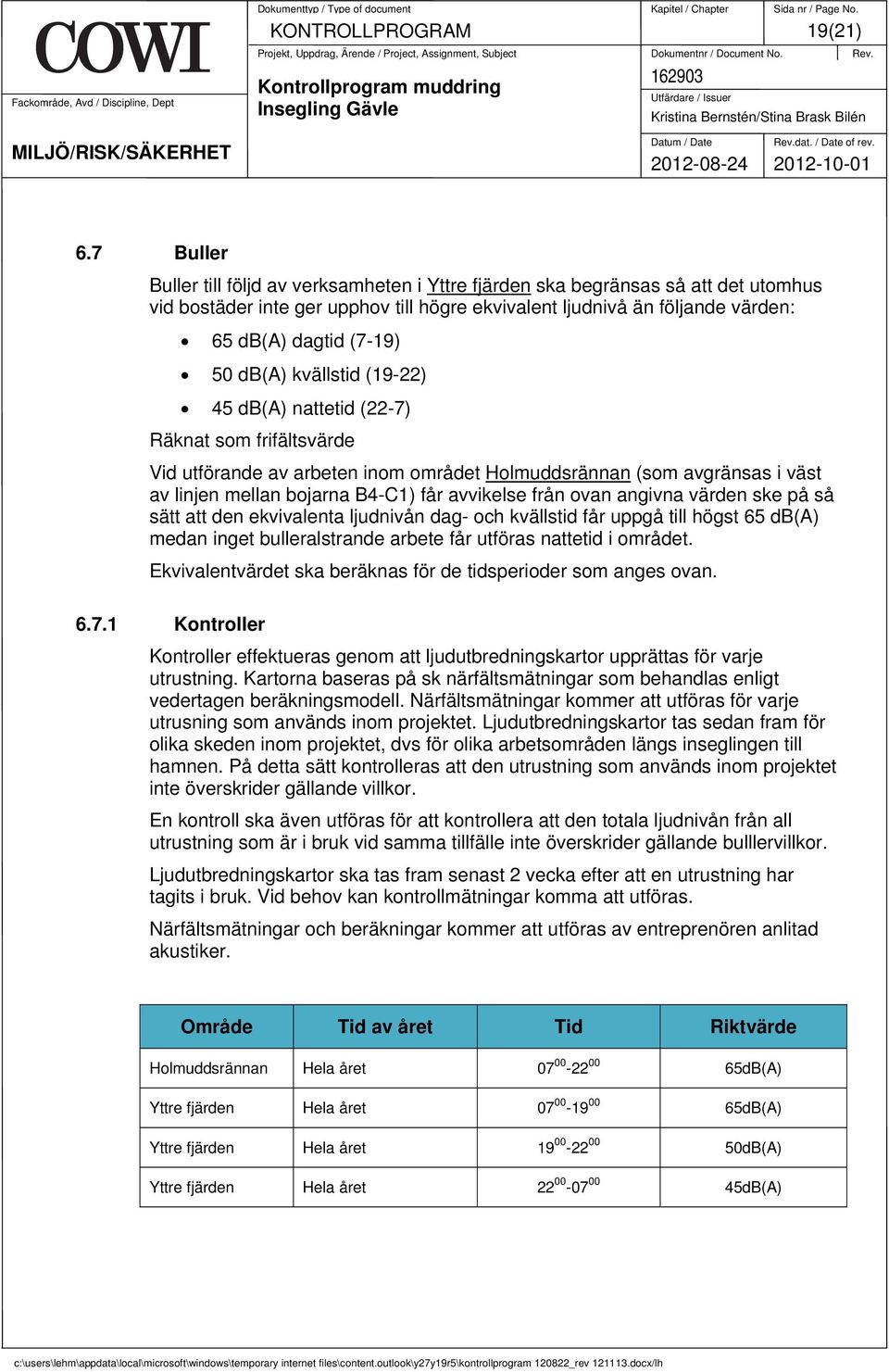 db(a) kvällstid (19-22) 45 db(a) nattetid (22-7) Räknat som frifältsvärde Vid utförande av arbeten inom området Holmuddsrännan (som avgränsas i väst av linjen mellan bojarna B4-C1) får avvikelse från