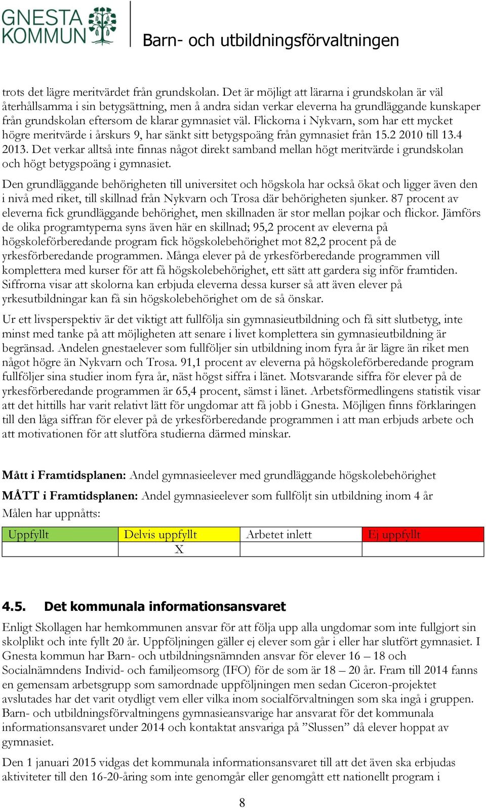 Flickorna i Nykvarn, som har ett mycket högre meritvärde i årskurs 9, har sänkt sitt betygspoäng från gymnasiet från 15.2 2010 till 13.4 2013.