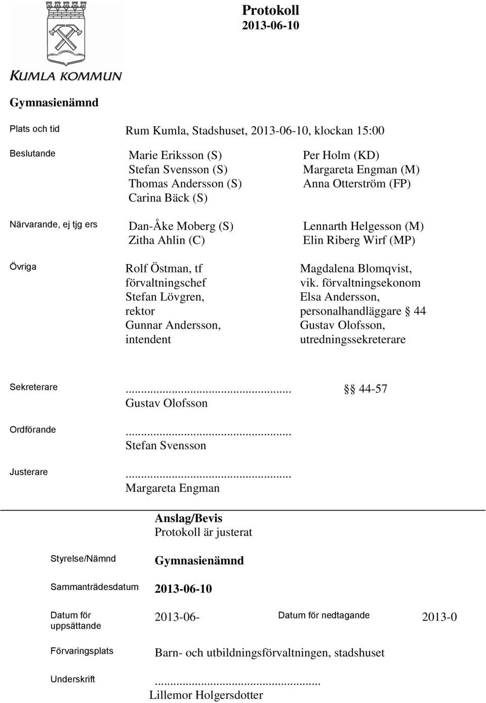 Gunnar Andersson, intendent Magdalena Blomqvist, vik. förvaltningsekonom Elsa Andersson, personalhandläggare 44 Gustav Olofsson, utredningssekreterare Sekreterare... 44-57 Gustav Olofsson Ordförande.