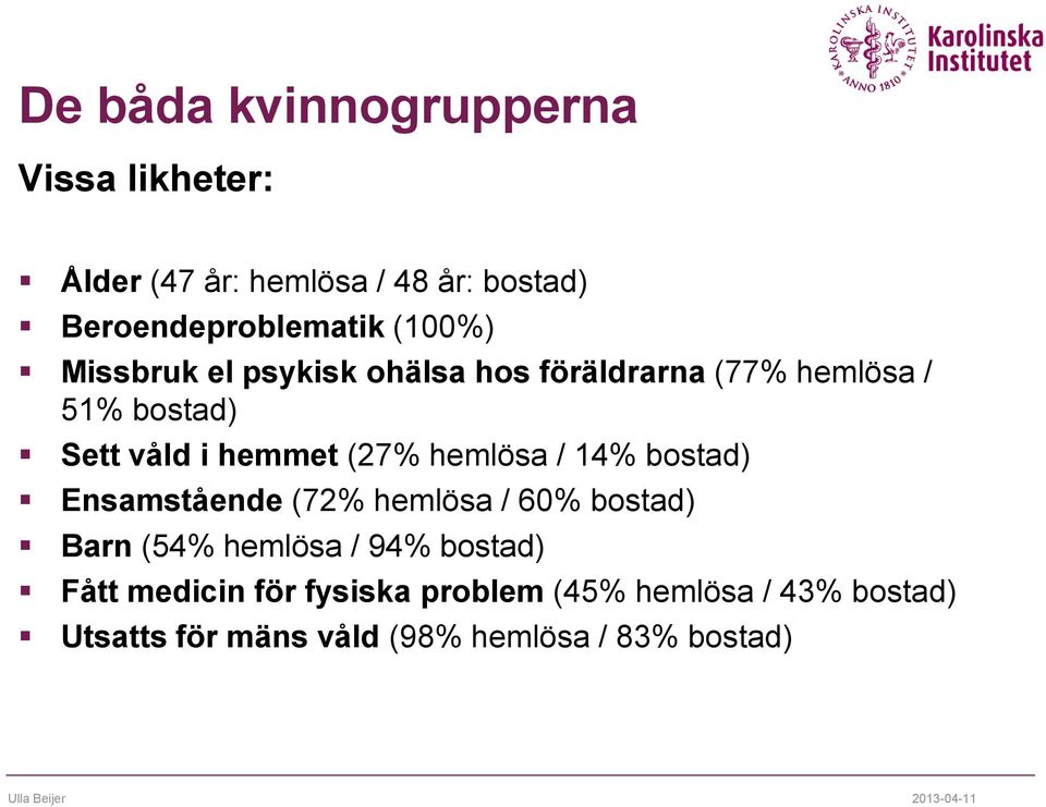 14% bostad) Ensamstående (72% hemlösa / 60% bostad) Barn (54% hemlösa / 94% bostad) Fått medicin för