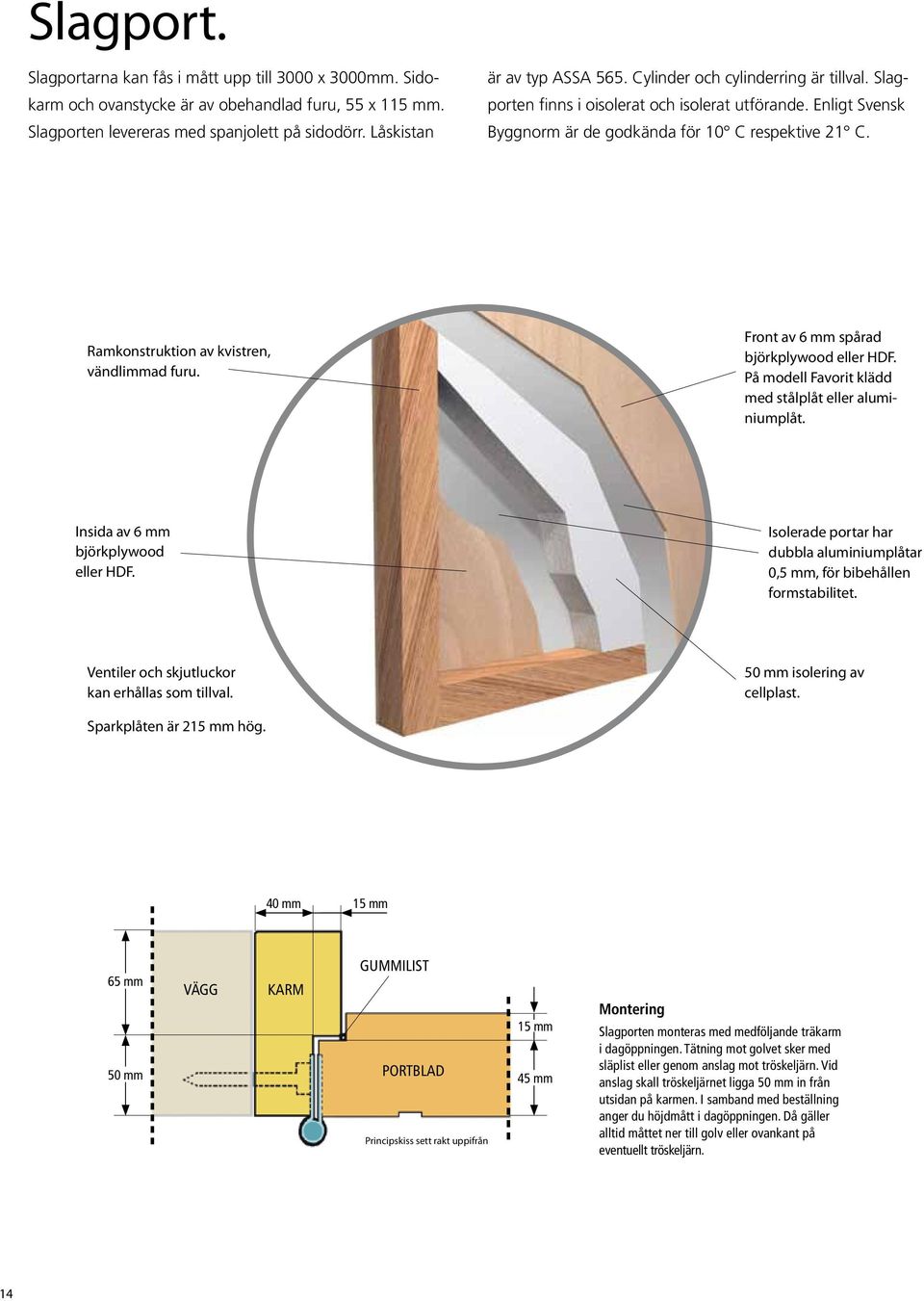 Front av 6 mm spårad björkplywood eller HDF. På modell Favorit klädd med stålplåt eller aluminiumplåt. Insida av 6 mm björkplywood eller HDF.