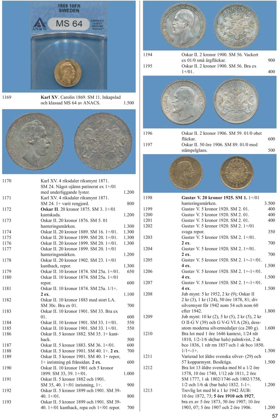 Något ojämn patinerat ex 1+/01 med underliggande lyster. 1.200 1171 Karl XV. 4 riksdaler riksmynt 1871. SM 24. 1+ varit rengjord. 800 1172 Oskar II. 20 kronor 1875. SM 3. 1+/01 kantskada. 1.200 1173 Oskar II.