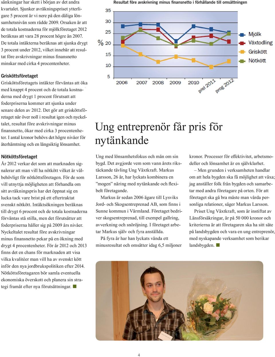 De totala intäkterna beräknas att sjunka drygt 3 procent under 2012, vilket innebär att resultat före avskrivningar minus finansnetto minskar med cirka 4 procentenheter.