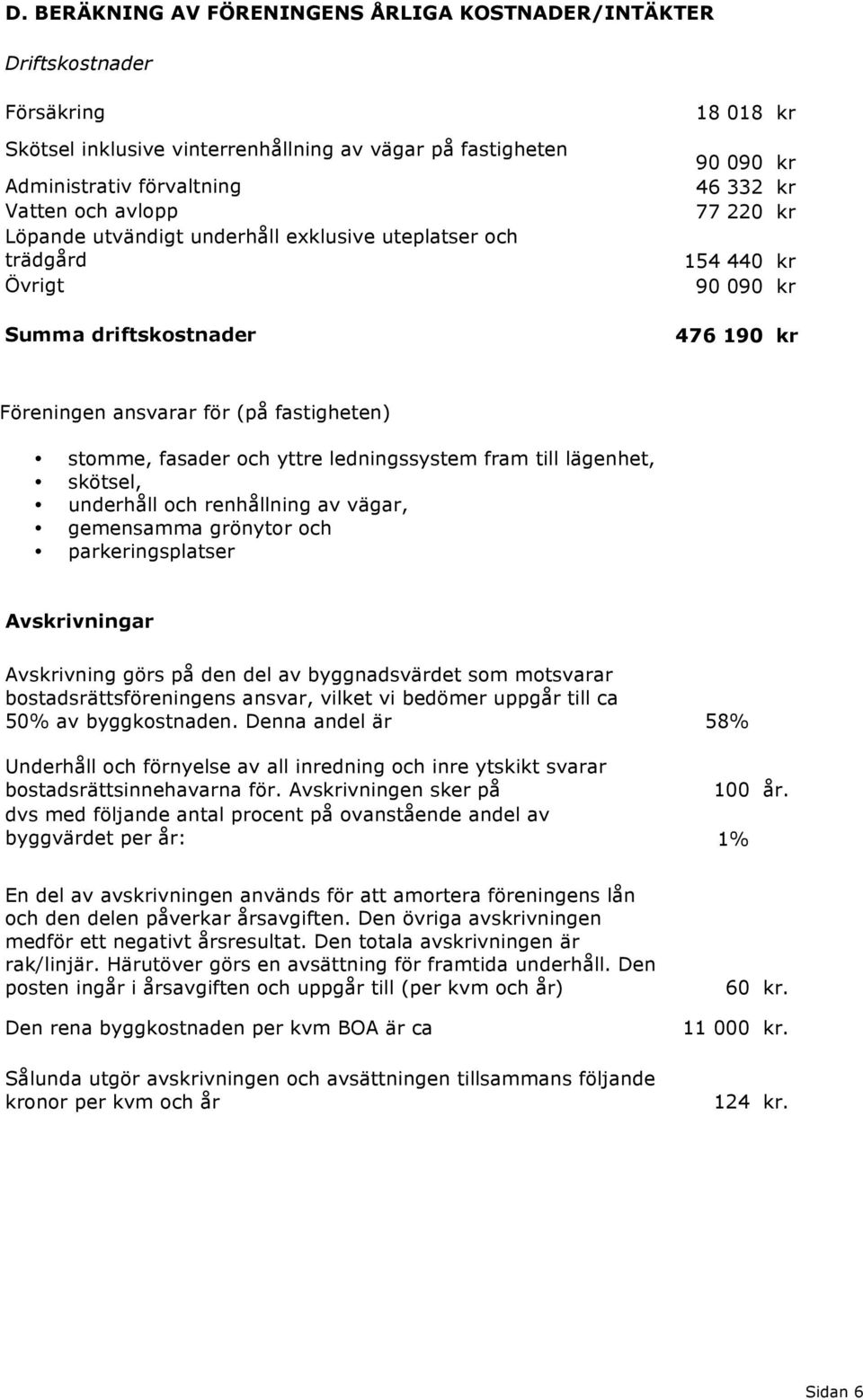 stomme, fasader och yttre ledningssystem fram till lägenhet, skötsel, underhåll och renhållning av vägar, gemensamma grönytor och parkeringsplatser Avskrivningar Avskrivning görs på den del av