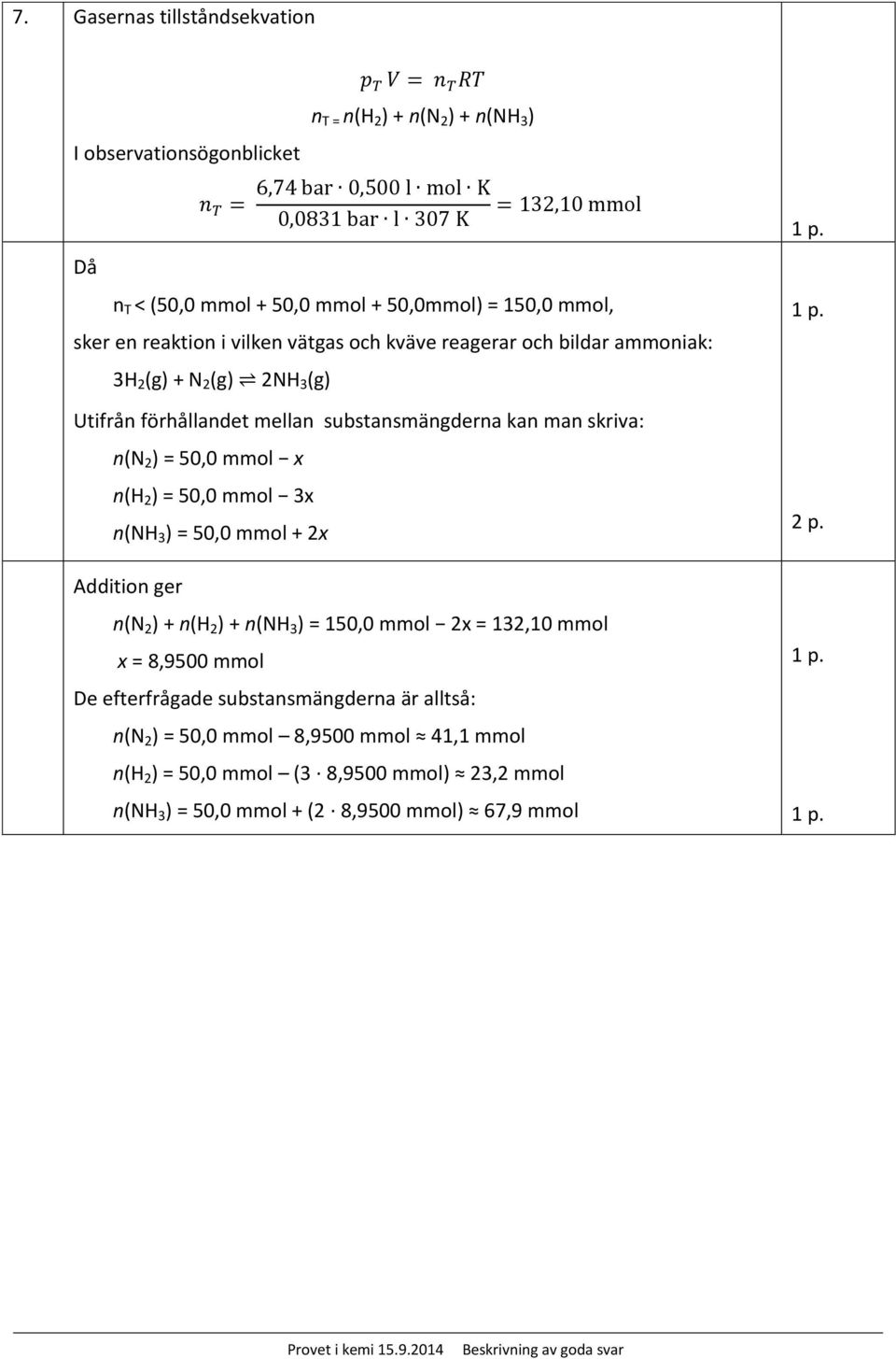 = 50,0 mmol x n(h 2 ) = 50,0 mmol 3x n(nh 3 ) = 50,0 mmol + 2x Addition ger n(n 2 ) + n(h 2 ) + n(nh 3 ) = 150,0 mmol 2x = 132,10 mmol x = 8,9500 mmol De