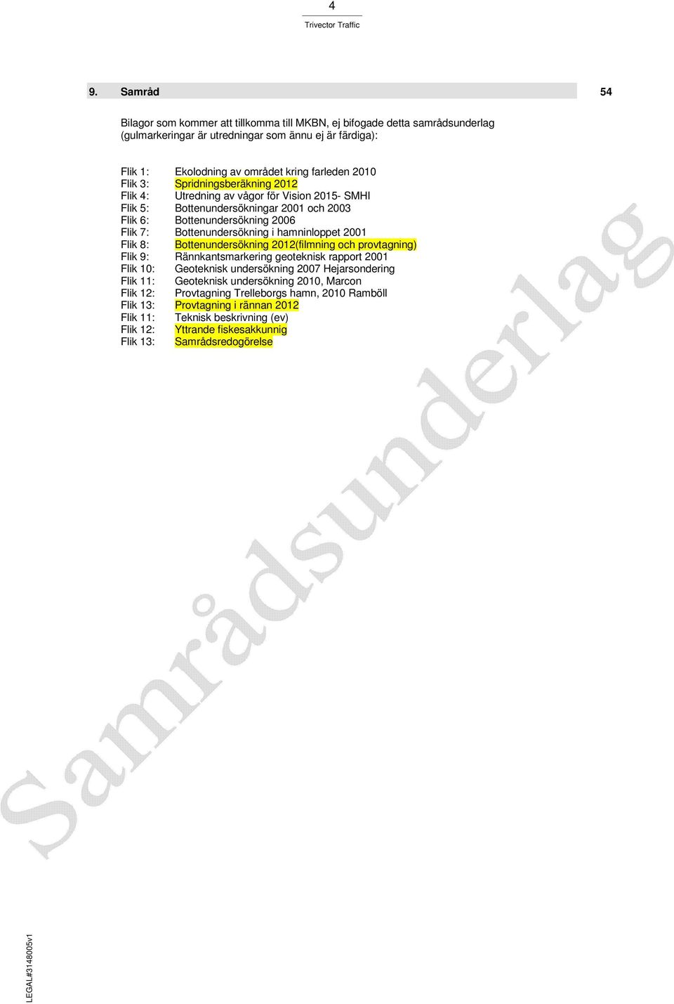 hamninloppet 2001 Flik 8: Bottenundersökning 2012(filmning och provtagning) Flik 9: Rännkantsmarkering geoteknisk rapport 2001 Flik 10: Geoteknisk undersökning 2007 Hejarsondering Flik 11: