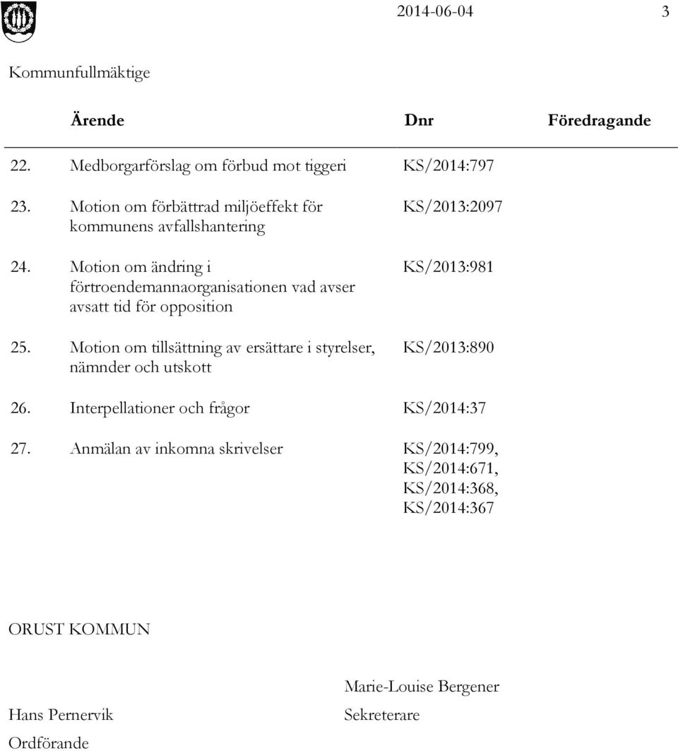 Motion om ändring i förtroendemannaorganisationen vad avser avsatt tid för opposition 25.