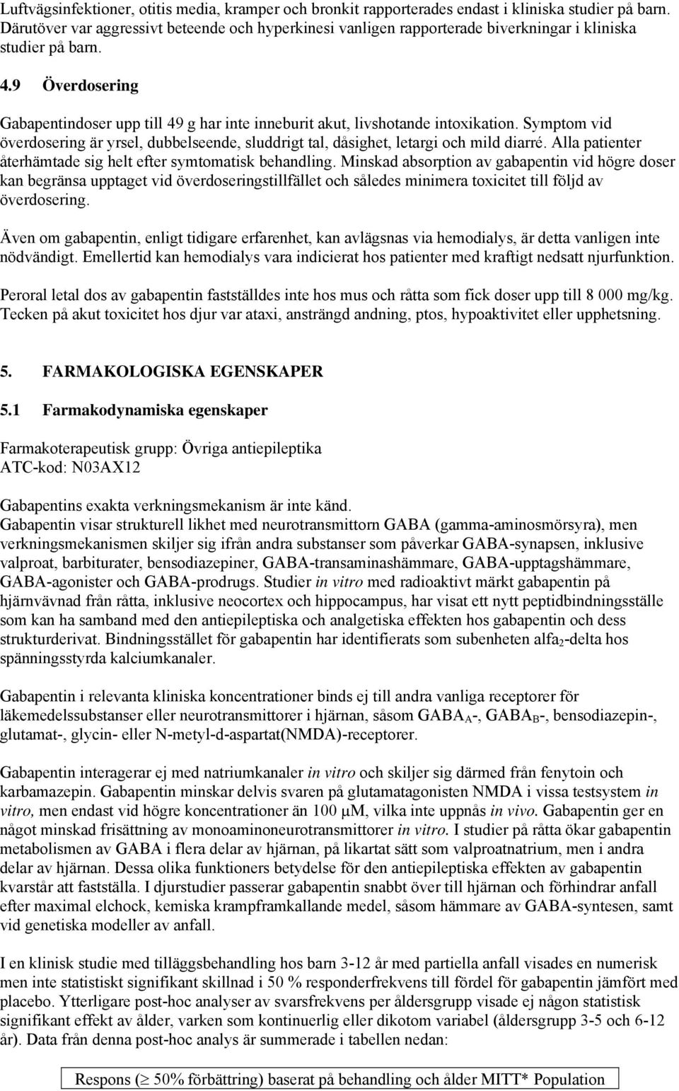 9 Överdosering Gabapentindoser upp till 49 g har inte inneburit akut, livshotande intoxikation. Symptom vid överdosering är yrsel, dubbelseende, sluddrigt tal, dåsighet, letargi och mild diarré.