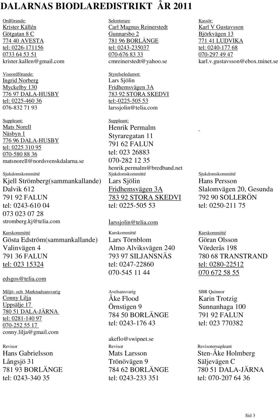 matsnorell@nordsvenskdalarna.se Sjukdomskommitté Kjell Strömberg(sammankallande) Dalvik 612 791 92 FALUN tel: 0243-610 04 073 023 07 28 stromberg.kj@telia.