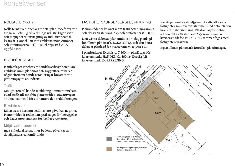 Byggrätten minskas något eftersom handelsetableringar kräver större parkeringsytor än industri. Trafik Möjligheten till handelsetablering kommer innebära ökad trafik till och från planområdet.