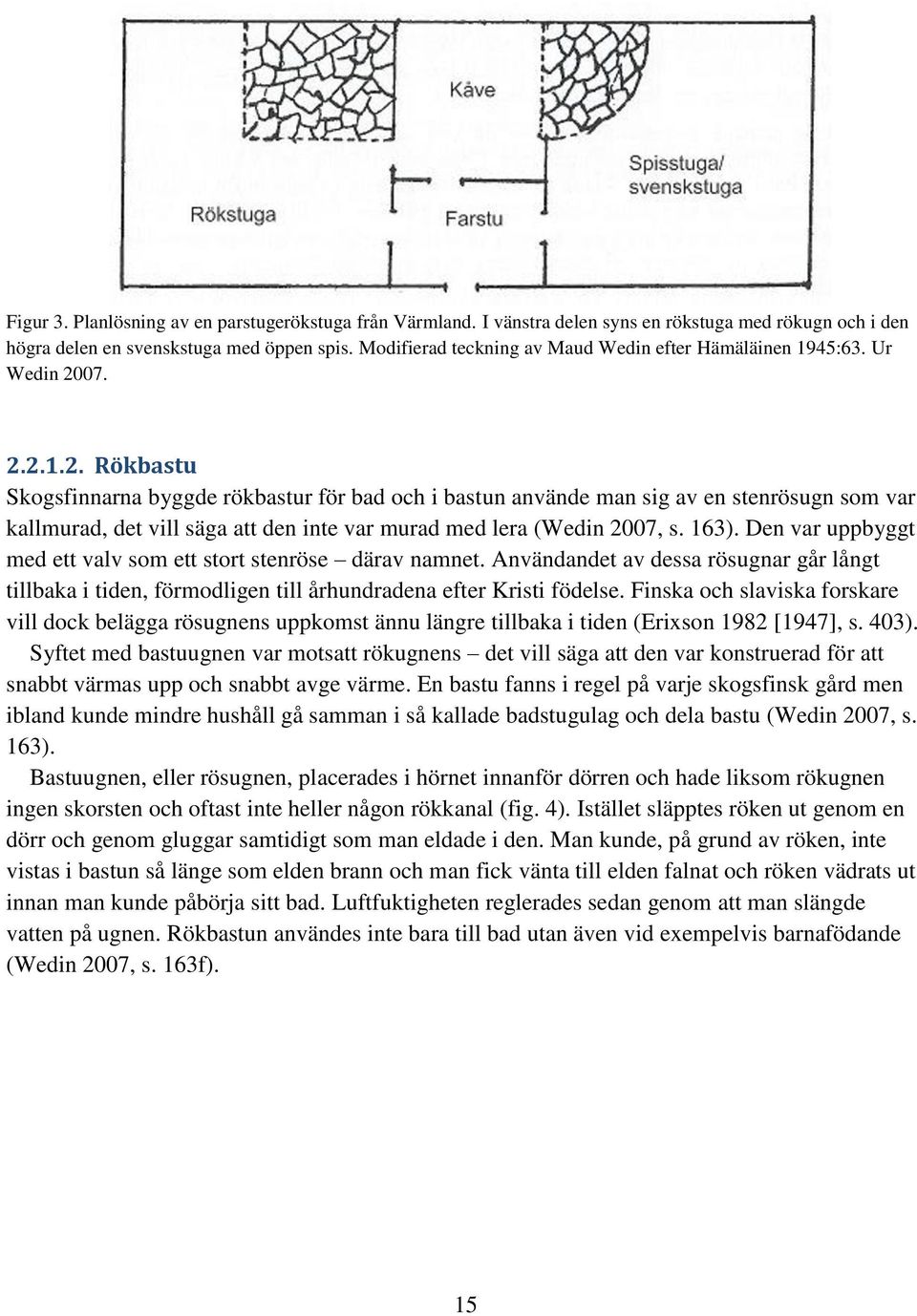 07. 2.2.1.2. Rökbastu Skogsfinnarna byggde rökbastur för bad och i bastun använde man sig av en stenrösugn som var kallmurad, det vill säga att den inte var murad med lera (Wedin 2007, s. 163).