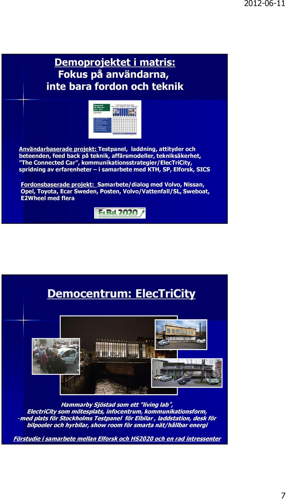 Ecar Sweden, Posten, Volvo/Vattenfall/SL, Sweboat, E2Wheel med flera Democentrum: ElecTriCity Hammarby Sjöstad som ett living lab, ElectriCity som mötesplats, infocentrum, kommunikationsform, -med
