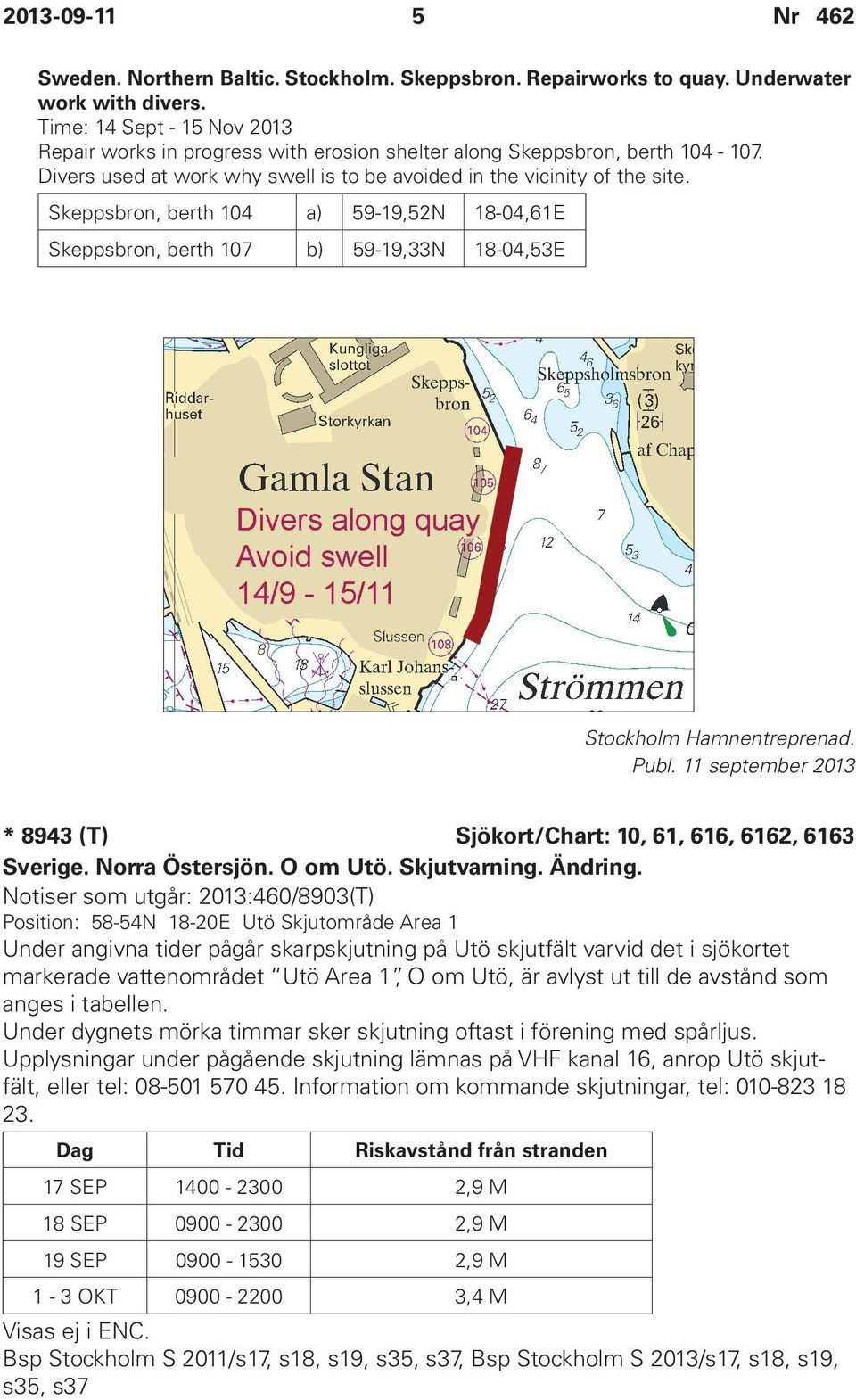 Skeppsbron, berth 104 a) 59-19,52N 18-04,61E Skeppsbron, berth 107 b) 59-19,33N 18-04,53E Stockholm Hamnentreprenad. Publ. 11 september 2013 * 8943 (T) Sjökort/Chart: 10, 61, 616, 6162, 6163 Sverige.
