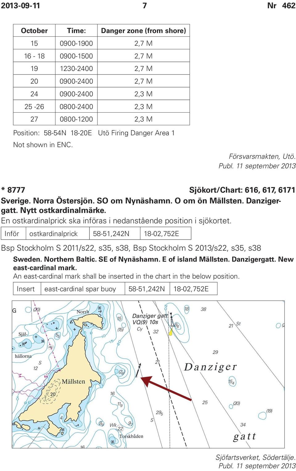 Danzigergatt. Nytt ostkardinalmärke. En ostkardinalprick ska införas i nedanstående position i sjökortet.