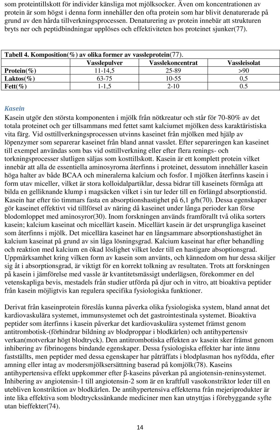 Denaturering av protein innebär att strukturen bryts ner och peptidbindningar upplöses och effektiviteten hos proteinet sjunker(77). Tabell 4. Komposition(%) av olika former av vassleprotein(77).