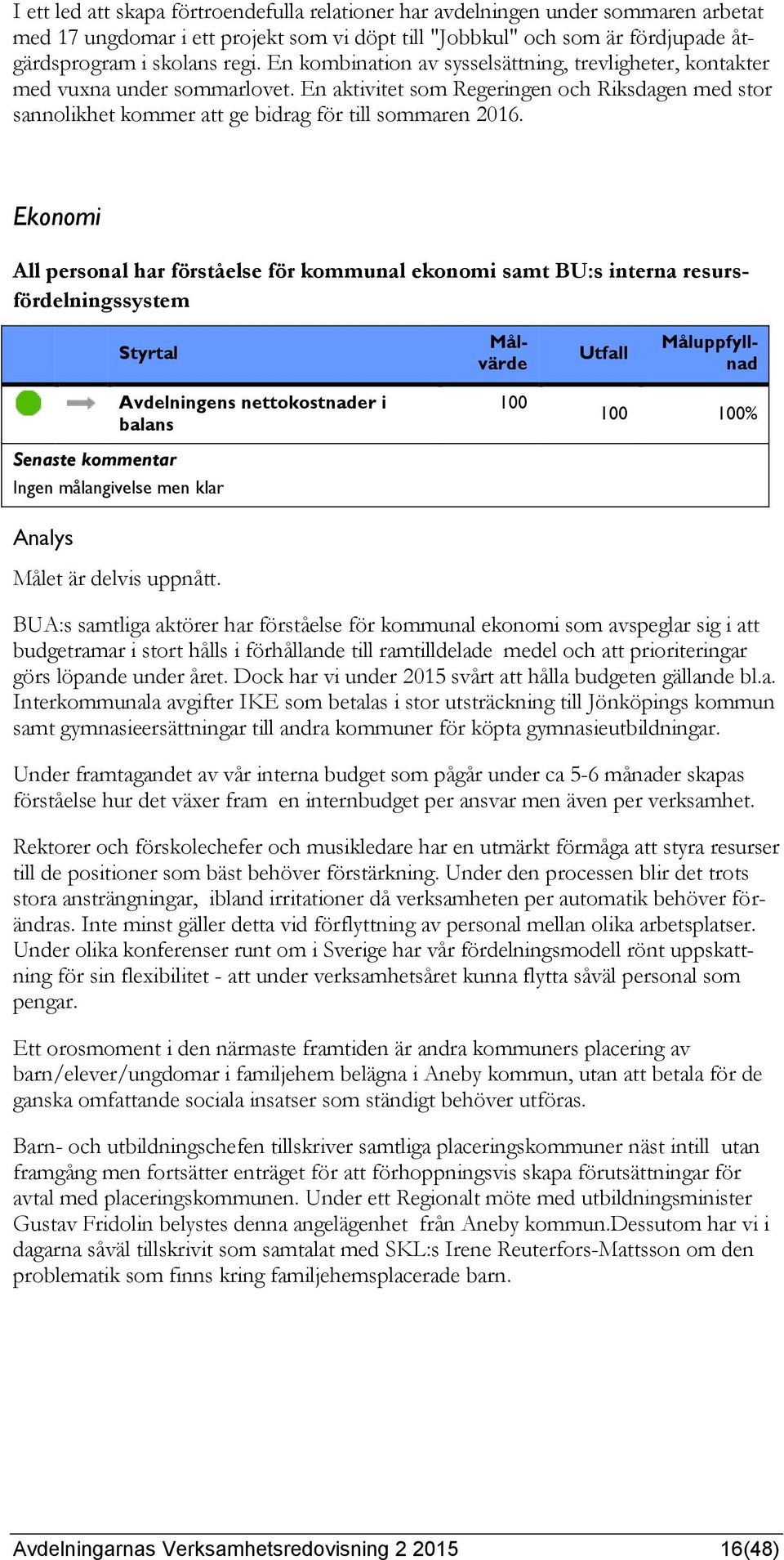 Ekonomi All personal har förståelse för kommunal ekonomi samt BU:s interna resursfördelningssystem Avdelningens nettokostnader i balans Ingen målangivelse men klar Målet är delvis uppnått.