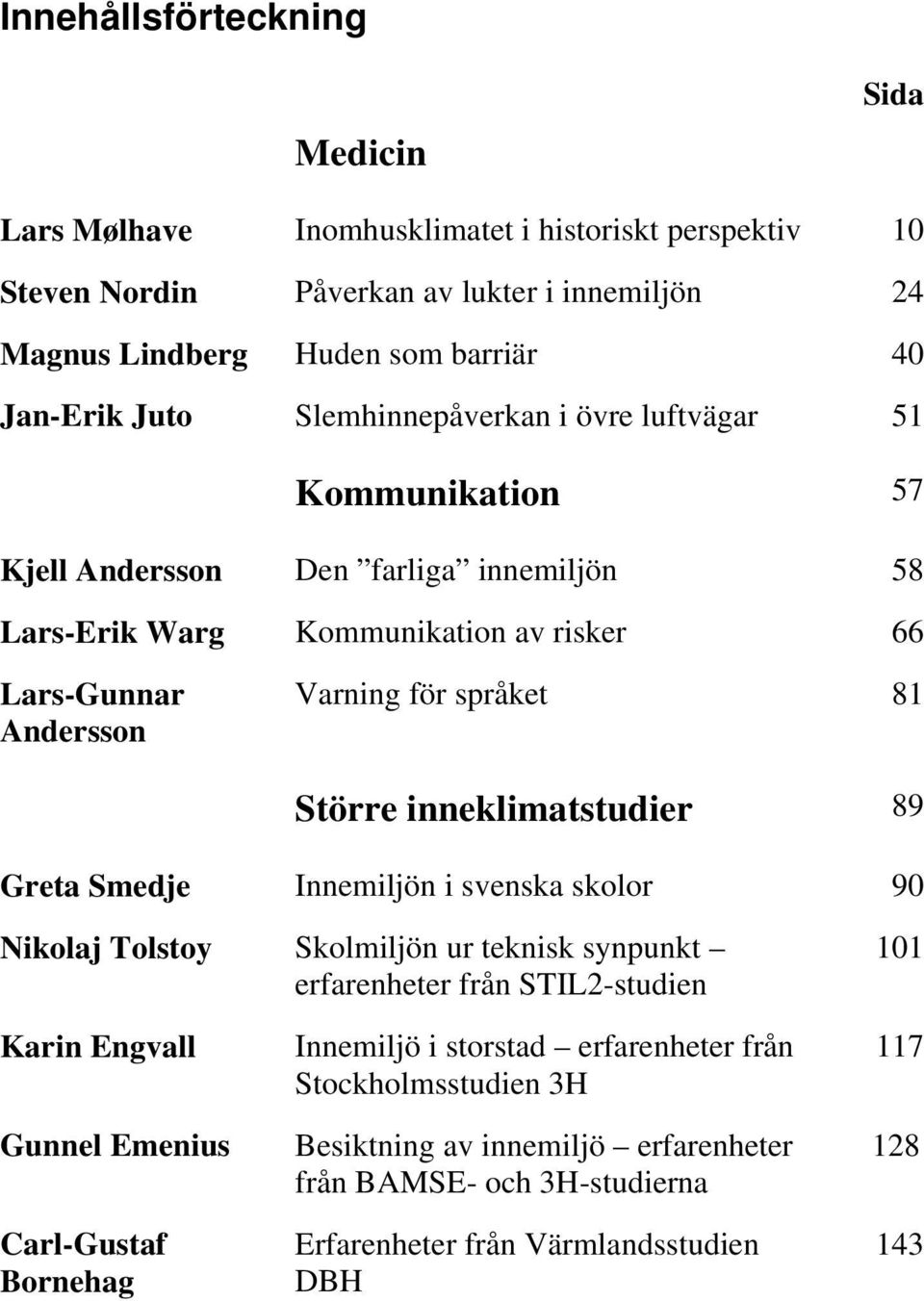 Större inneklimatstudier 89 Greta Smedje Innemiljön i svenska skolor 90 Nikolaj Tolstoy Skolmiljön ur teknisk synpunkt erfarenheter från STIL2-studien 101 Karin Engvall Gunnel Emenius