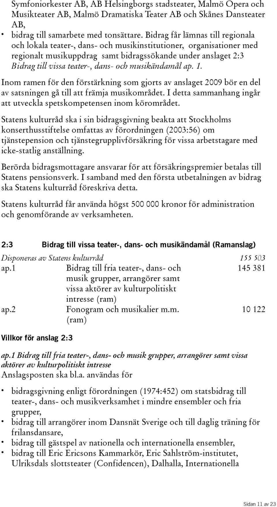 Bidragtillvissateater-,dans-ochmusikändamålap.1. Inomramenfördenförstärkningsomgjortsavanslaget2009börendel av satsningen gå till att främja musikområdet.