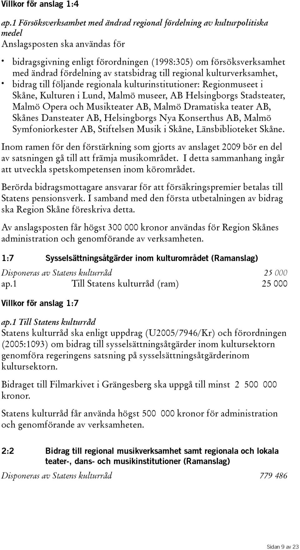 statsbidrag till regional kulturverksamhet, bidrag till följande regionala kulturinstitutioner: Regionmuseet i Skåne, Kulturen i Lund, Malmö museer, AB Helsingborgs Stadsteater, Malmö Opera och