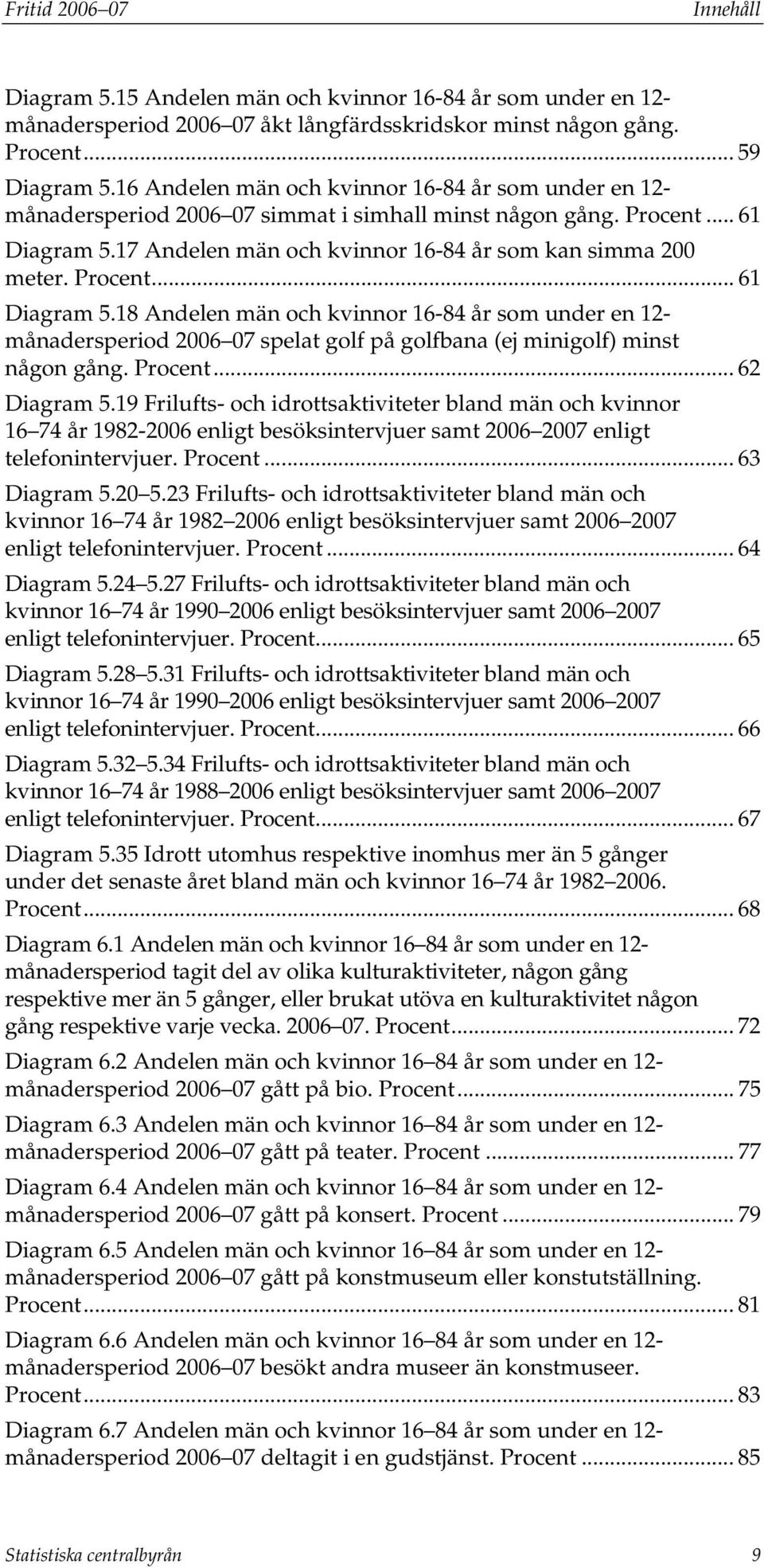 ... 61 Diagram 5.18 Andelen män och kvinnor 16-84 år som under en 12- månadersperiod 2006 07 spelat golf på golfbana (ej minigolf) minst någon gång.... 62 Diagram 5.