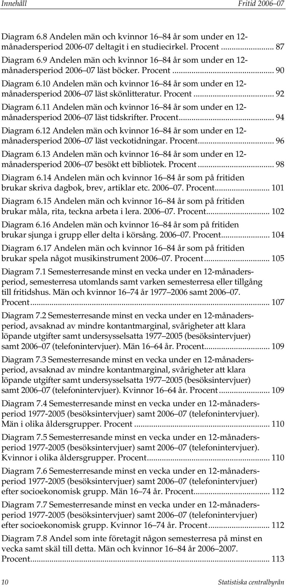 ... 92 Diagram 6.11 Andelen män och kvinnor 16 84 år som under en 12- månadersperiod 2006 07 läst tidskrifter.... 94 Diagram 6.