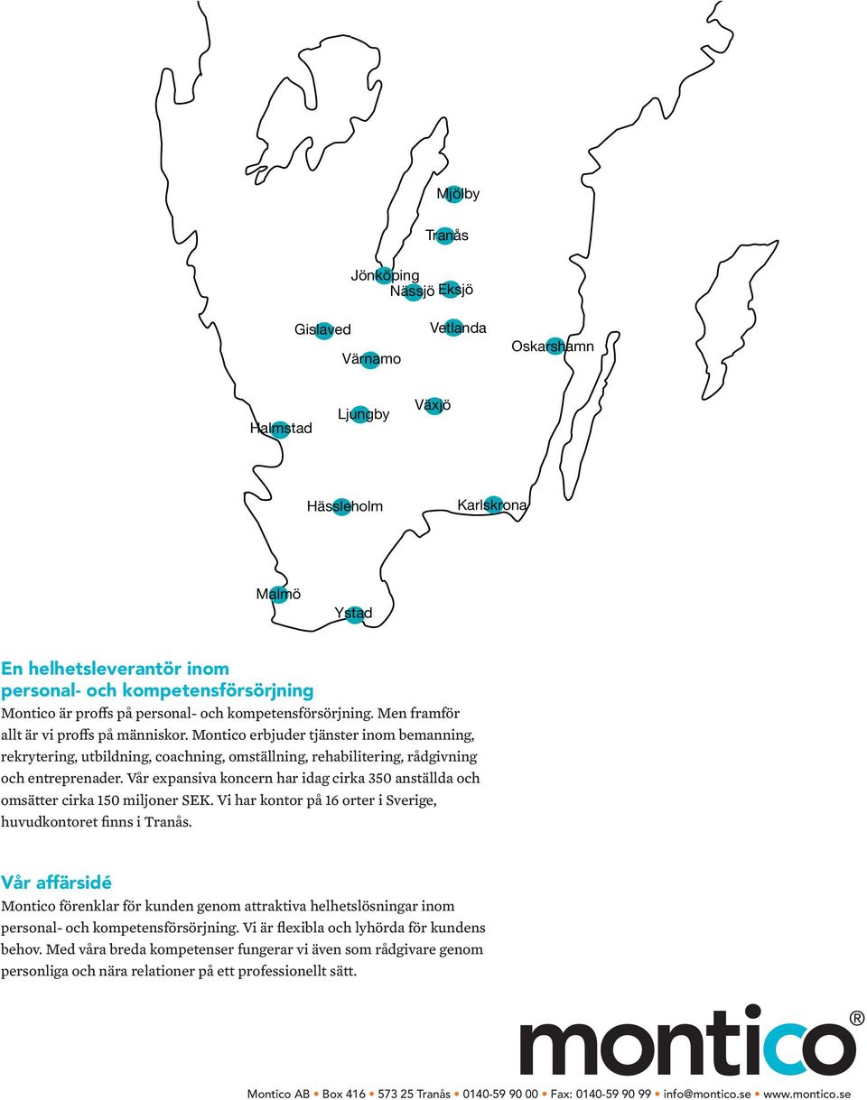 Montico erbjuder tjänster inom bemanning, rekrytering, utbildning, coachning, omställning, rehabilitering, rådgivning och entreprenader.