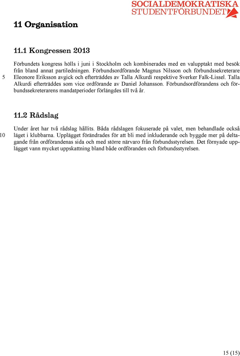 Talla Alkurdi efterträddes som vice ordförande av Daniel Johansson. Förbundsordförandens och förbundssekreterarens mandatperioder förlängdes till två år. 11.