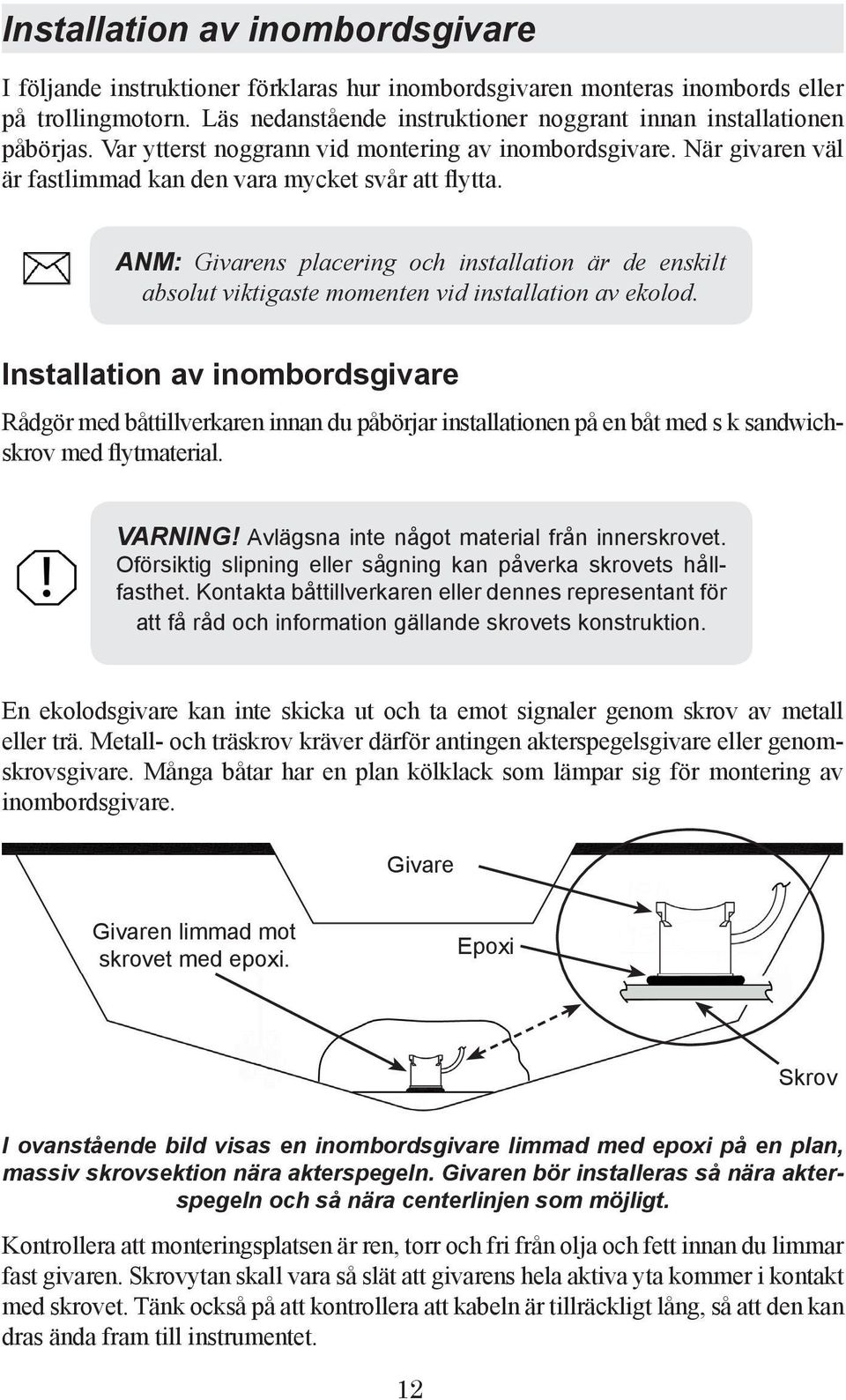 ANM: Givarens placering och installation är de enskilt absolut viktigaste momenten vid installation av ekolod.