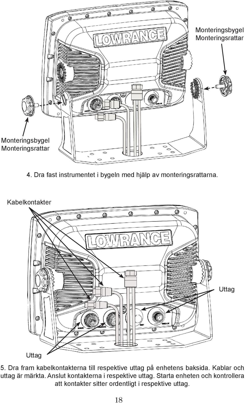 Dra fram kabelkontakterna till respektive uttag på enhetens baksida. Kablar och uttag är märkta.