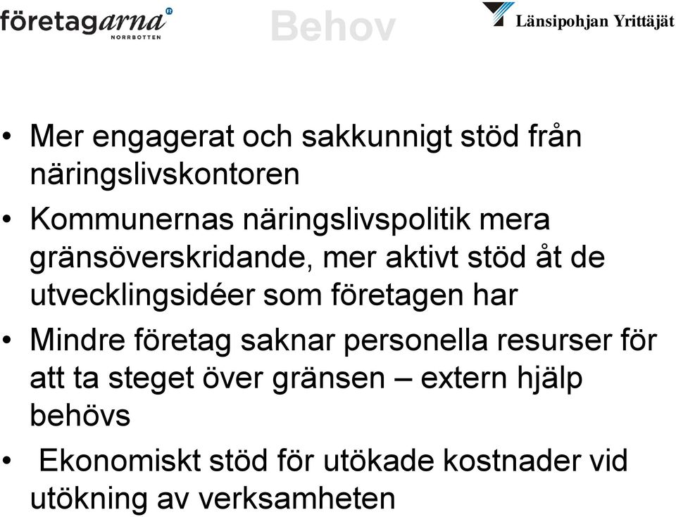 utvecklingsidéer som företagen har Mindre företag saknar personella resurser för att ta