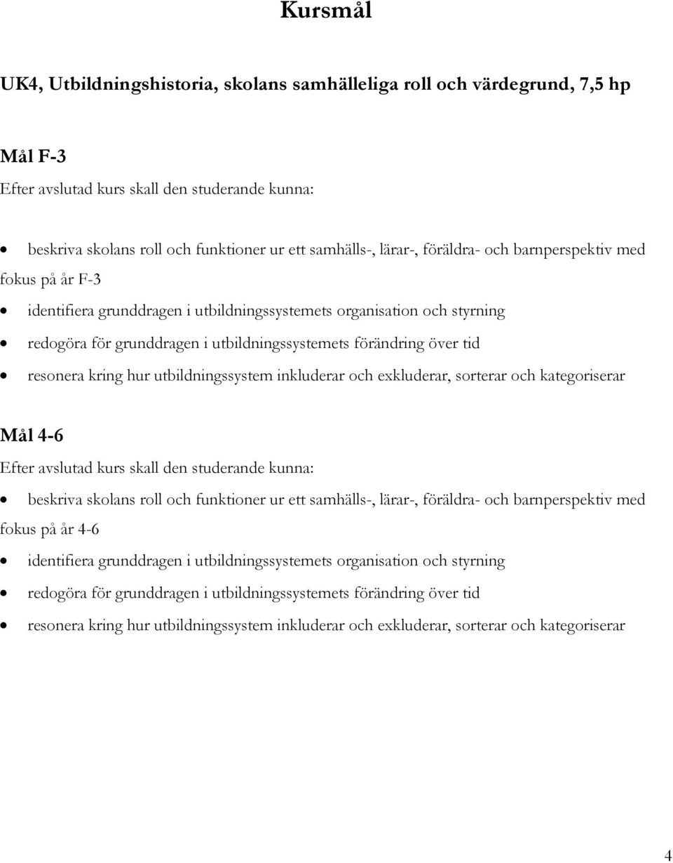 resonera kring hur utbildningssystem inkluderar och exkluderar, sorterar och kategoriserar Mål 4-6 Efter avslutad kurs skall den studerande kunna: beskriva skolans roll och funktioner ur ett