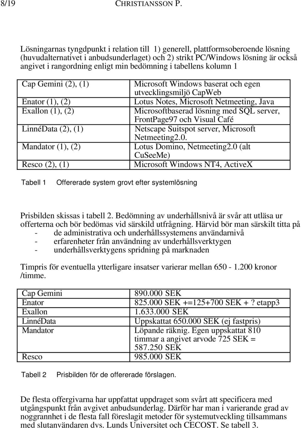 bedömning i tabellens kolumn 1 Cap Gemini (2), (1) Enator (1), (2) Exallon (1), (2) LinnéData (2), (1) Mandator (1), (2) Resco (2), (1) Microsoft Windows baserat och egen utvecklingsmiljö CapWeb