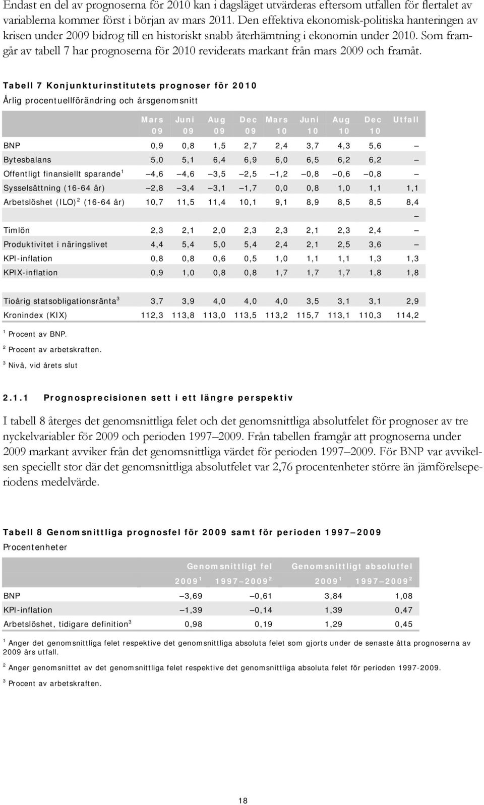 Som framgår av tabell 7 har prognoserna för 2010 reviderats markant från mars 2009 och framåt.
