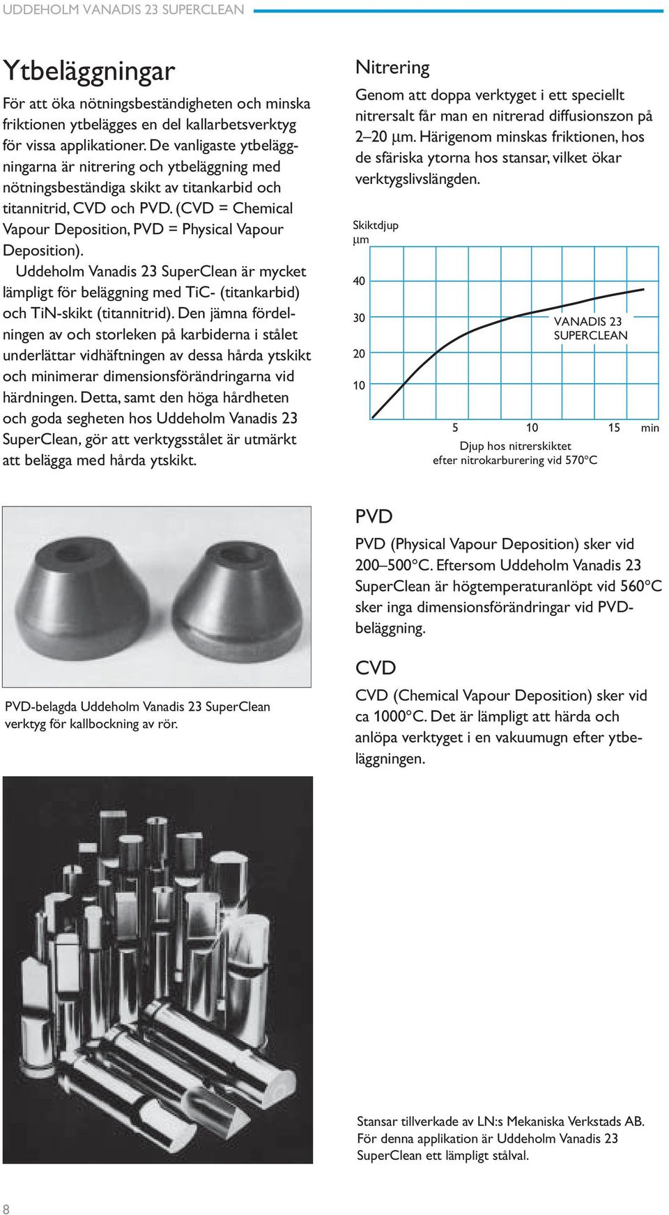 (CVD = Chemical Vapour Deposition, PVD = Physical Vapour Deposition). Uddeholm Vanadis 23 SuperClean är mycket lämpligt för beläggning med TiC- (titankarbid) och TiN-skikt (titannitrid).