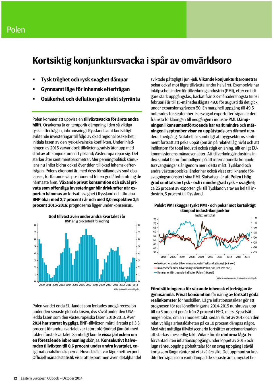 Orsakerna är en temporär dämpning i den så viktiga tyska efterfrågan, inbromsning i Ryssland samt kortsiktigt sviktande investeringar till följd av ökad regional osäkerhet i initiala fasen av den