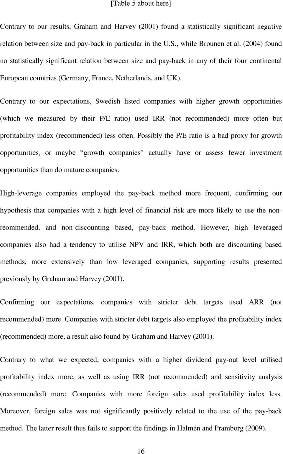 Contrary to our expectations, Swedish listed companies with higher growth opportunities (which we measured by their P/E ratio) used IRR (not recommended) more often but profitability index