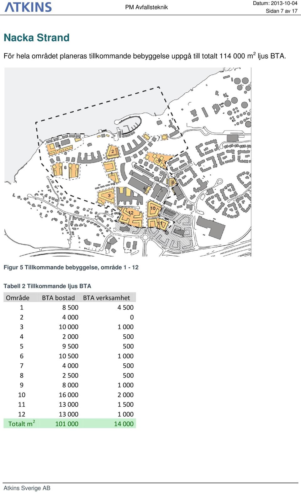 Figur 5 Tillkommande bebyggelse, område 1-12 Tabell 2 Tillkommande ljus BTA Område BTA bostad BTA