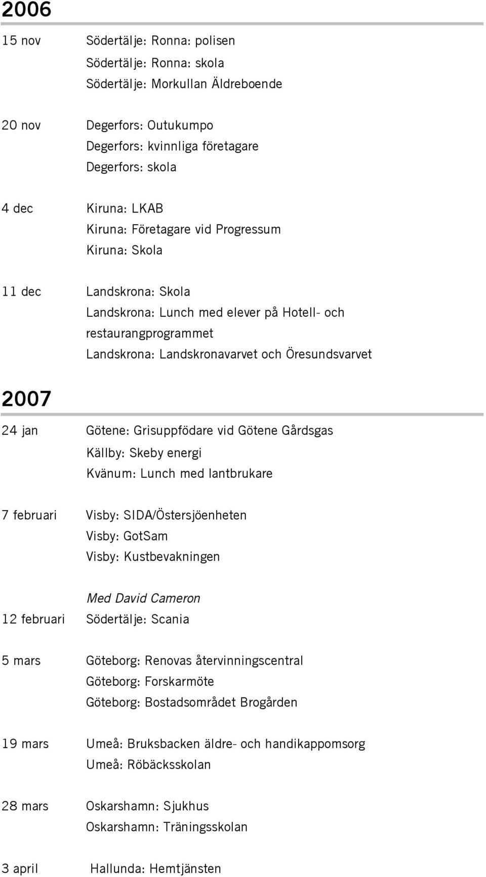 Götene: Grisuppfödare vid Götene Gårdsgas Källby: Skeby energi Kvänum: Lunch med lantbrukare 7 februari Visby: SIDA/Östersjöenheten Visby: GotSam Visby: Kustbevakningen Med David Cameron 12 februari