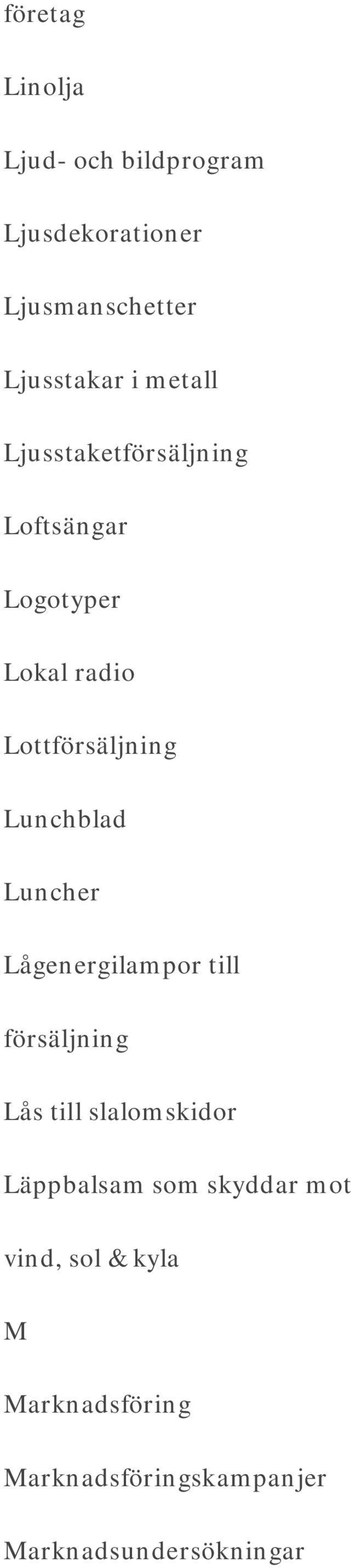 Lunchblad Luncher Lågenergilampor till försäljning Lås till slalomskidor Läppbalsam