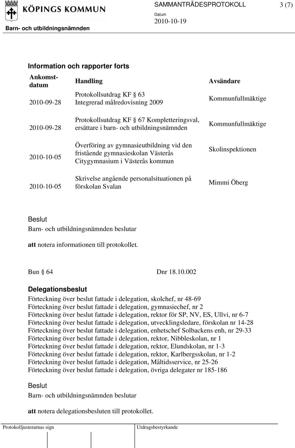 kommun Skrivelse angående personalsituationen på förskolan Svalan Kommunfullmäktige Mimmi Öberg att notera informationen till protokollet. Bun 64 Dnr 18.10.