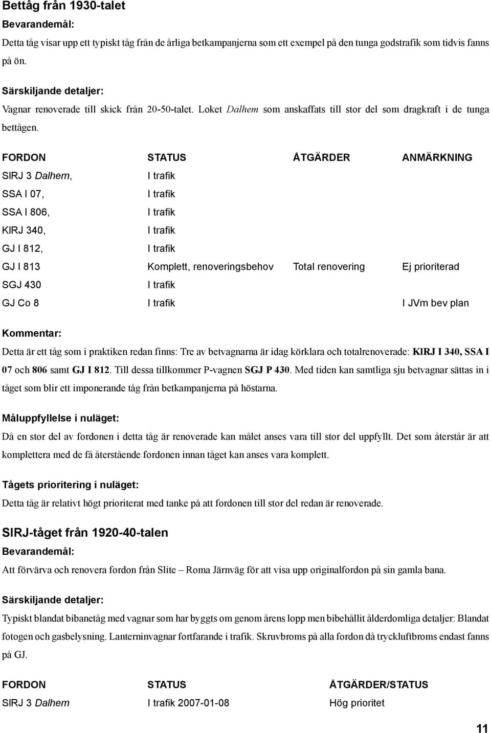 FORDON STATUS ÅTGÄRDER ANMÄRKNING SlRJ 3 Dalhem, SSA I 07, SSA I 806, KlRJ 340, GJ I 812, GJ I 813 Komplett, renoveringsbehov Total renovering Ej prioriterad SGJ 430 GJ Co 8 I JVm bev plan Kommentar: