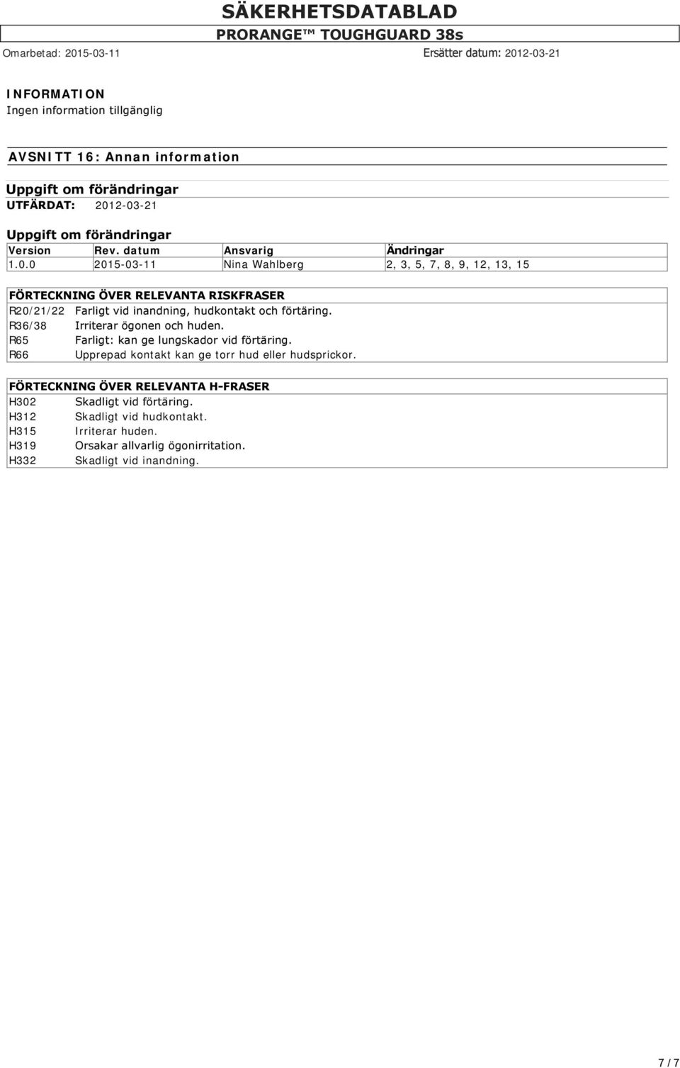 0 2015-03-11 Nina Wahlberg 2, 3, 5, 7, 8, 9, 12, 13, 15 FÖRTECKNING ÖVER RELEVANTA RISKFRASER R20/21/22 Farligt vid inandning, hudkontakt och förtäring.