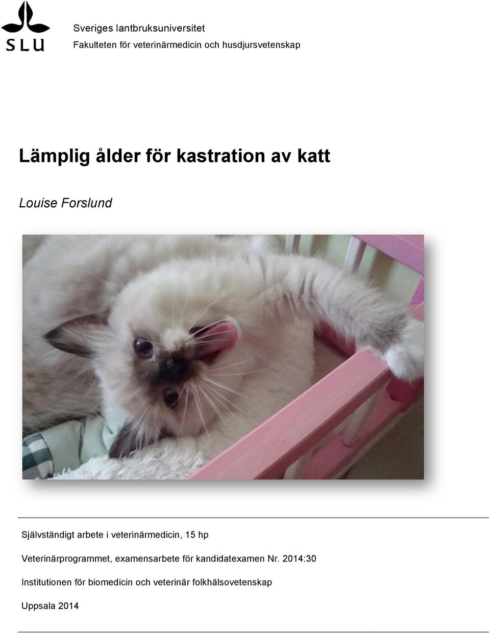 Självständigt arbete i veterinärmedicin, 15 hp Veterinärprogrammet,